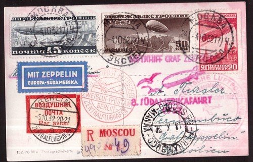 Russia, 1932 Zeppelin flown registered postcard to Brazil -HS50