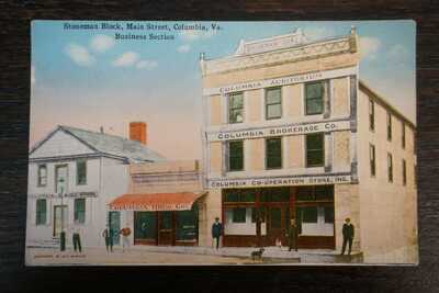 W. E. Burgess Postcard Stoneman Block Main Street Columbia, VA  Business Section