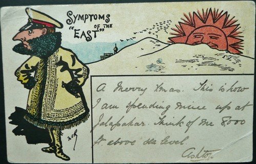 INDIA 6 DEC 1905 "SYMPTOMS OF THE EAST" ILLUSTRATED POSTCARD - SENT TO ENGLAND