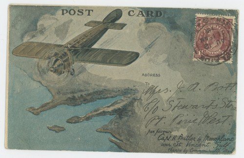 P108/03 AUSTRALIA 12/08/1919 HARRY BUTLER ILLUSTRATED FLIGHT POSTCARD MINLATON