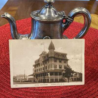 Traymore Hotel silver teapot And Hotel Traymore Ocean city NJ postcard