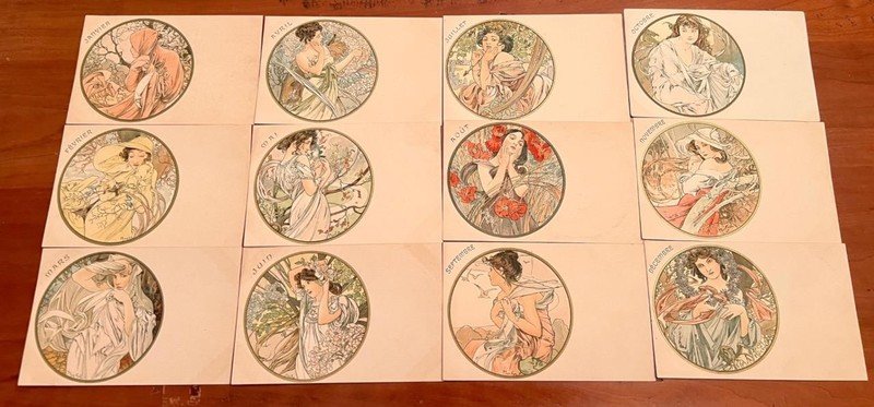 ALPHONSE MUCHA COMPLETE SET 12 UNUSED POSTCARDS 12 MONTHS ART NOUVEAU ANTIQUE