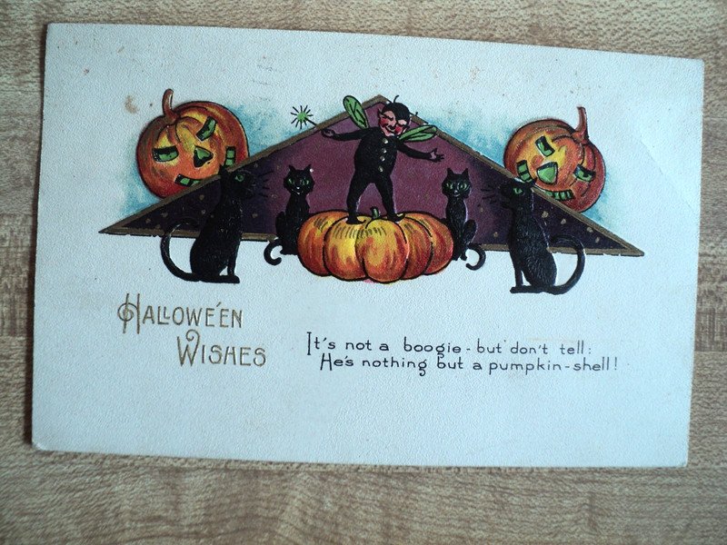 HALLOWEEN Black Cats & Gnome w/ J-O-Ls vintage Winsch 4973 Embossed Postcard