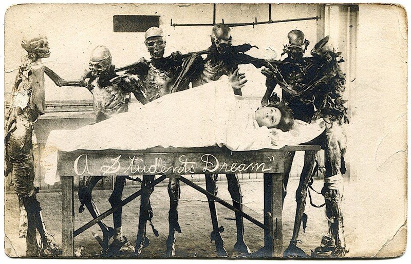 Cadavers Skeletons Operate on Student Macabre Humor Post Mortem 1910s RPPC