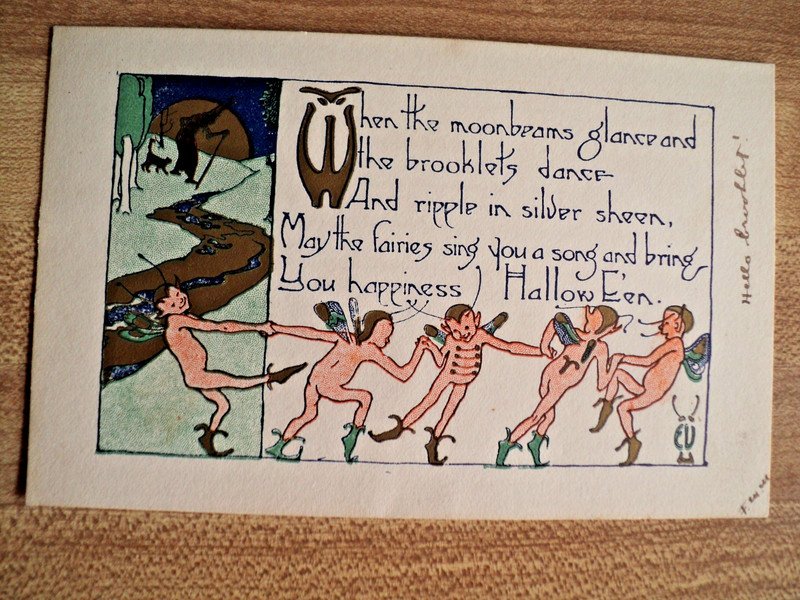 HALLOWEEN Fairies Dancing & Witch w/ Black Cat vintage RUST CRAFT Postcard