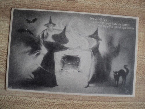 HALLOWEEN Witches around a Cauldron vintage Fairman Pink Perfection Postcard