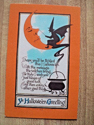 HALLOWEEN Witch Tickling the Moon's Nose vintage Samuel Carpenter Co 97 Postcard