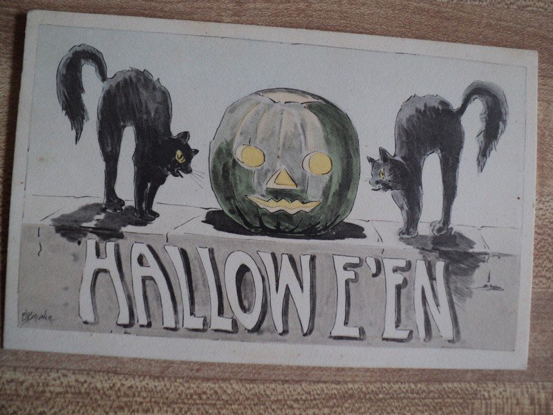 HALLOWEEN Black Cats Scared by J-O-L vintage H. Miller & Co. by BROWER Postcard