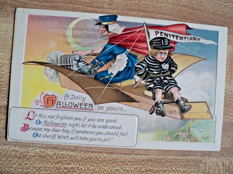 Rare HALLOWEEN Witch Flying Prisoner to Jail vintage unknown maker Postcard