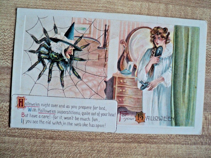 Rare HALLOWEEN Spider w/ WITCH HEAD scares Girl vtg. unknown maker Postcard