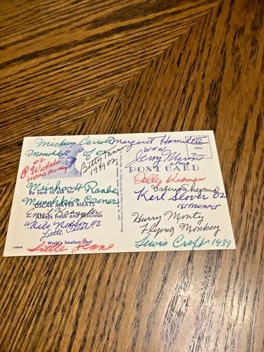 1939 WIZARD OF OZ SIGNED POSTCARD W/ 14 MUNCHKINS & WICKED WITCH WWW 1950'S
