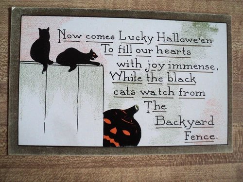 HALLOWEEN Jack-O-Lantern & Black Cats on Fence vintage K&T Postcard