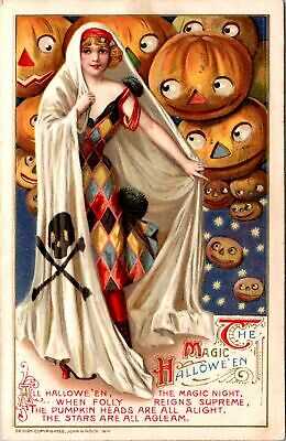 MAGIC HALLOWEEN Postcard Girl SKULL & CROSS BONE Winsch Schmucker JACK-O-LANTERN