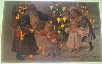 Rare Vintage Christmas Hold To Light HTL Santa With Children Gifts Oranges 1911