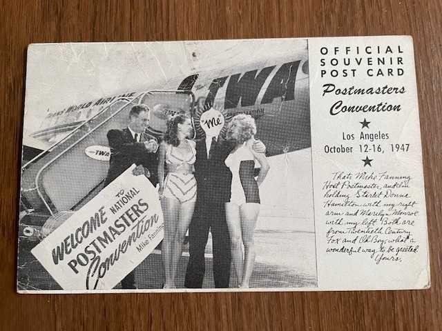 MARILYN MONROE POSTCARD - AT POSTMASTERS CONVENTION -OCTOBER 12, 1947 - RARE