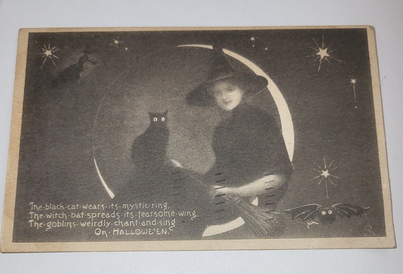 HALLOWEEN POSTCARD FAIRMAN PINK PERFECTION CRESCENT MOON WITCH BAT MYSTIC CAT