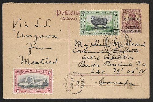 FALKLAND IS SOUTH GEORGIA TO ARTCTIC EXPEDITION SC#65, 66 ON POSTCARD COVER 1933
