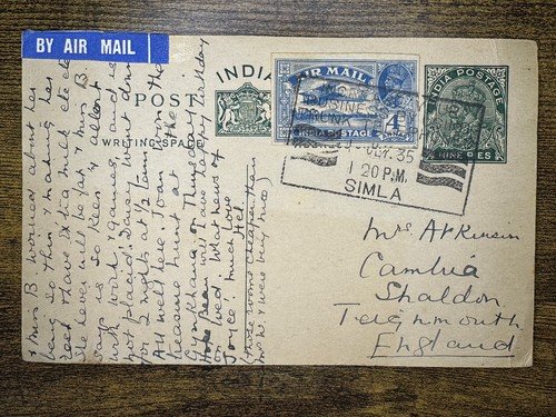 India 1935 KGV Air Mail Postcard to GB, SIMLA Telephone Slogan Postmark