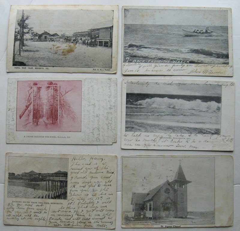 Six early 20th c. Rehobeth Beach, Delaware postcards: Trains, boat, beach