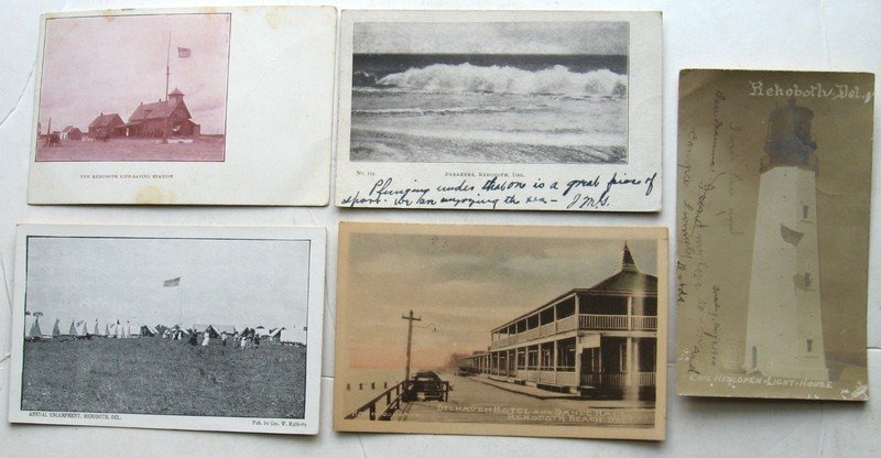 Five early 20th c. Rehobeth Beach Del. postcards: breakers, live saving station