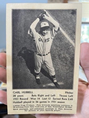 1932 Carl Hubbell HOF New York Giants Schedule Postcard Thin Stock