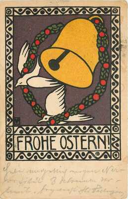 c1908 Art Postcard Frohe Ostern Doves & Bell, Wiener Werkstatte Style, Easter