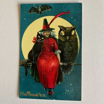 Antique Halloween Postcard Red Witch Black Cat Owl Bat