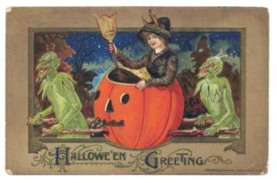 RARE Vintage Halloween Postcard, Witch and Devils Goblins, JOL, Winsch