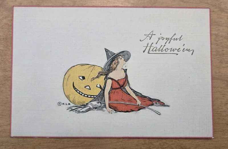 H. L. W. Woehler Halloween Postcard Of Pretty Witch In Red Dress And Pumpkin
