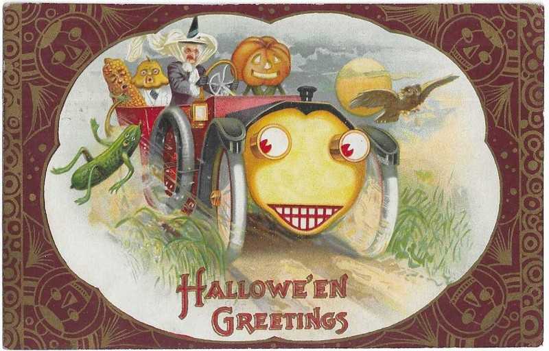Winsch Halloween Postcard Witch Driving Car Jol borders