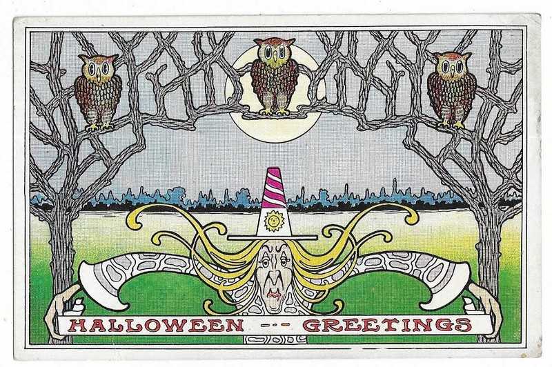 Halloween Postcard Owls witch