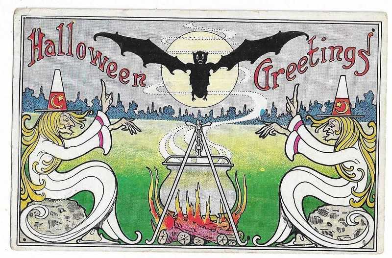 Halloween Postcard Bat hoverng over fire witches