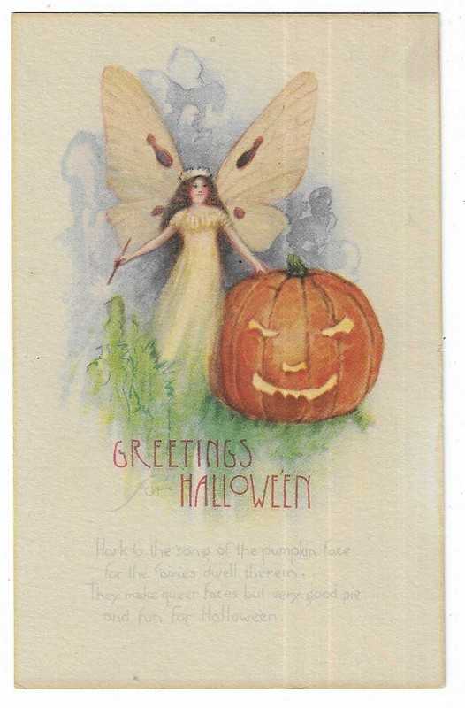 Halloween Postcard Fairy Witch "Hark to the song of the pumpkins..."
