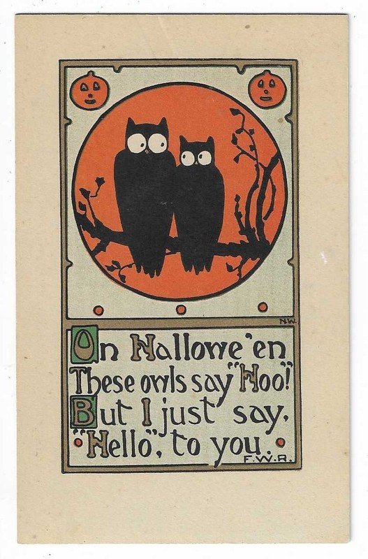 Rust Craft Shop Halloween Postcard "On Halloween these owls say..."