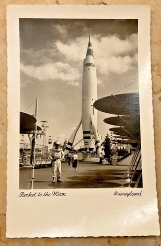 vintage disneyland postcard 1950’s rocket B&W