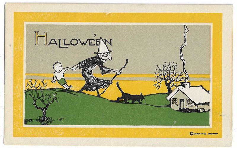 Gibson Art Co. Halloween Postcard Witch Pulling Boy Cat