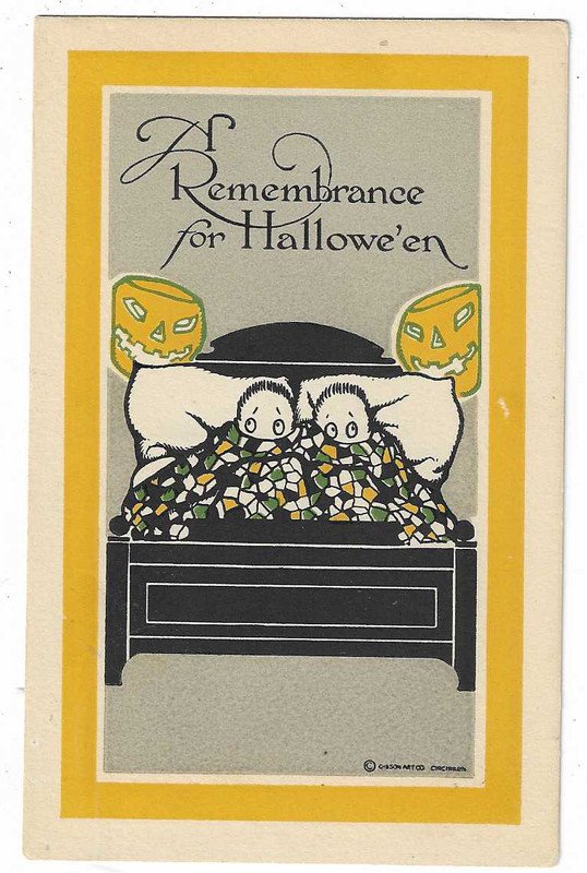 Gibson Art Co. Halloween Postcard 2 Kids in Bed Scared by JOL Bed Posts
