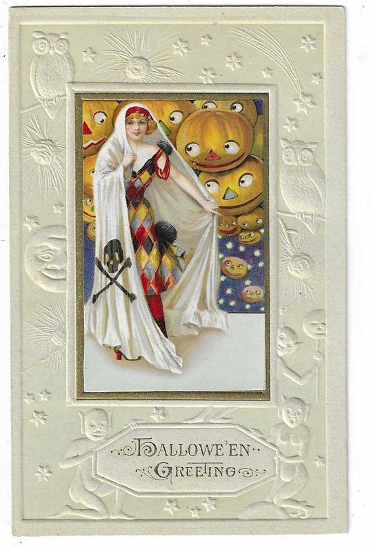 Winsch Halloween Postcard Lady surrounded by JOLs