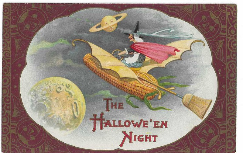 Winsch Halloween Postcard witch riding on corn cob dark background