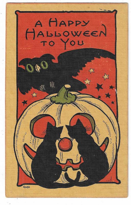 Non Postcard Halloween card black cats owl JOL
