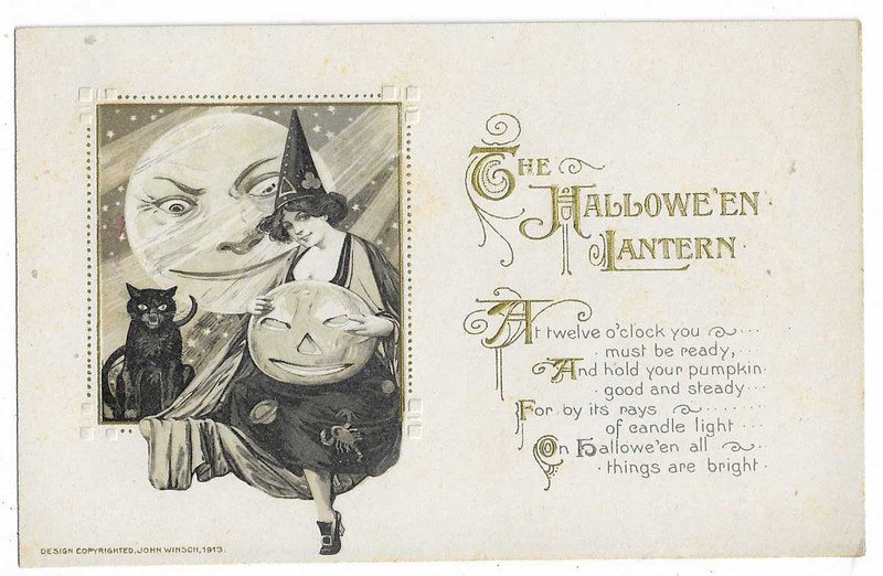 Winsch Halloween Postcard "The Halloween Lantern" witch holding JOL cat moon