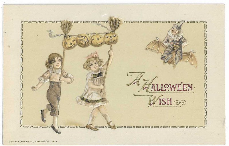 Winsch Halloween Postcard "The Halloween Wish" 2 girls carrying JOLs witch