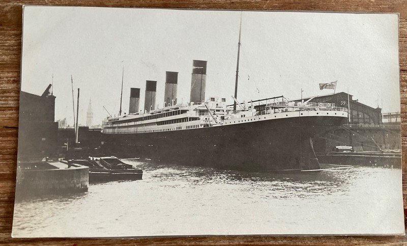 RARE WHITE STAR LINE RMS OLYMPIC 1911 REAL PHOTO POSTCARD PIER 59 TITANIC SISTER
