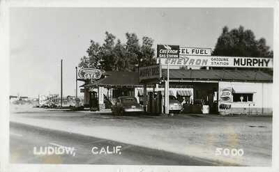 Ludlow, CA Chevron gas station, Shamrock Cafe; Pepsi sign, rppc 1940s