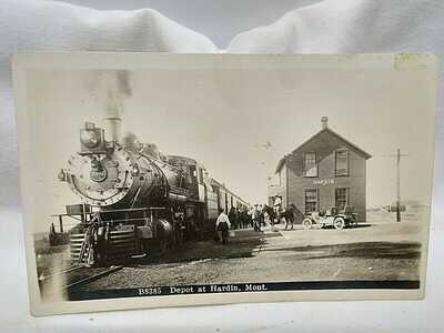 1910's Hardin Montana Burlington Route Depot & Locomotive RPPC