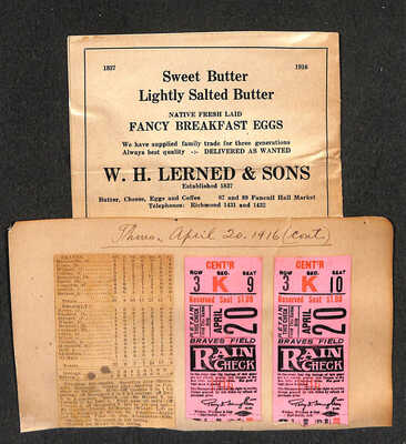Boston MA Braves 1916 ORIGINAL Ticket Stubs Fenway Theatre Booklet