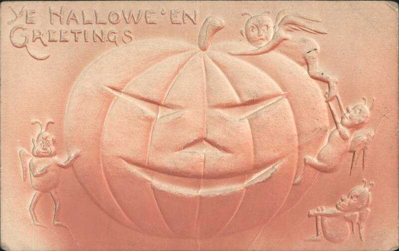 Halloween Ye Hallowe'en Greetings,JOL and Imps 1909 Airbrushed Vintage Postcard