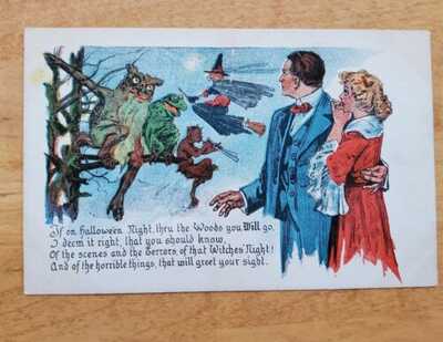 Signed Clare Angell Fantasy Halloween Postcard With Witch Owl Goblin Frog