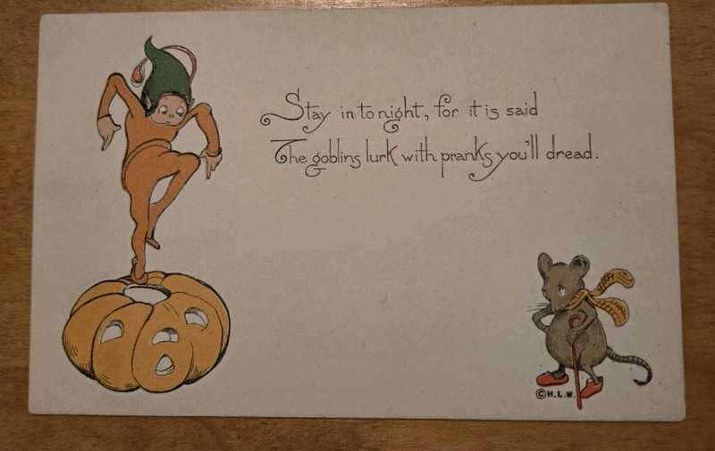 Rare H.L.W. Woehler Halloween Postcard Of Elf Pixie Dancing On Pumpkin And Mouse