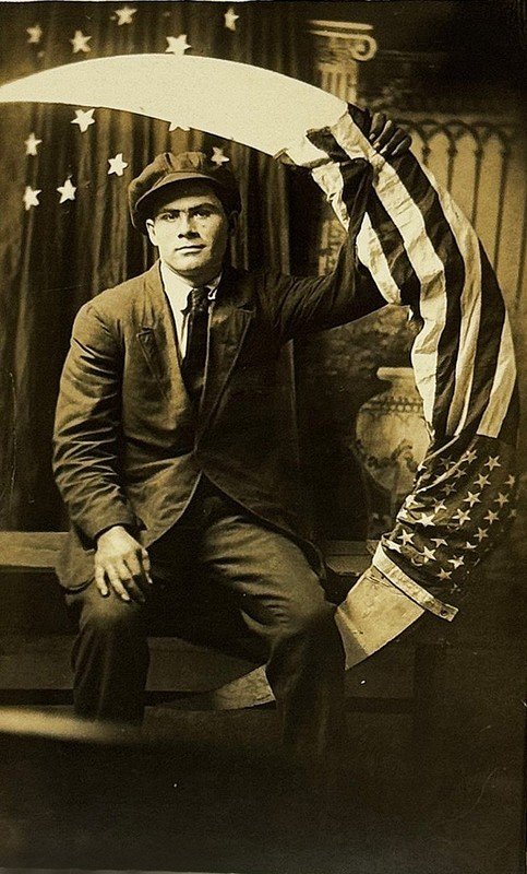 RPPC Real Photo Paper Moon Patriotic Postcard Man w American Flag Studio 1900